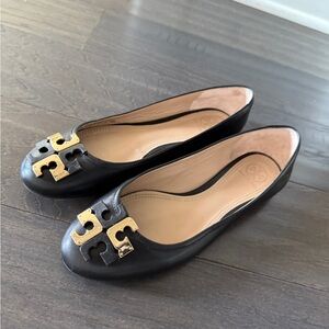 Tory Burch Black Leather Flats with Gold Accents